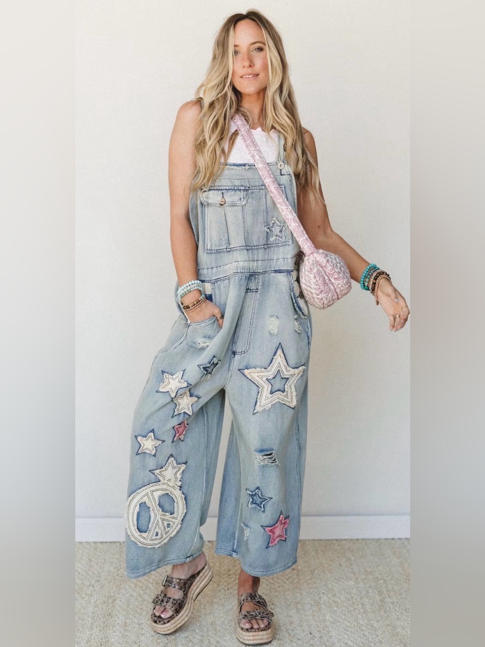 Star Patch Light Blue Denim Overalls Jumpsuit